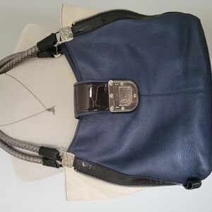 Brighton Dovima Blue Metallic Leather Purse Hobo Shoulder Bag W Black Trim